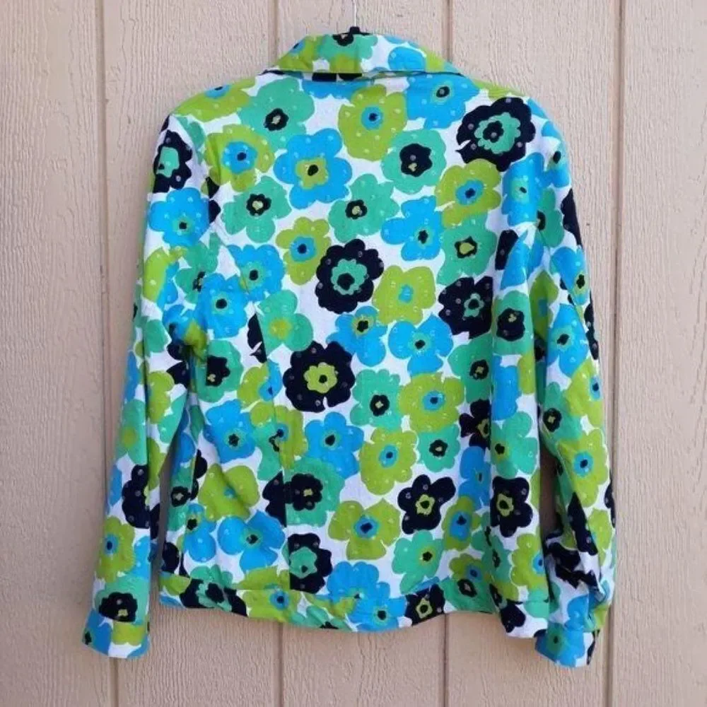 Whimsical 70's Flower Sequin Shaket Jean Jacket Floral Button Down Pockets Sz 10